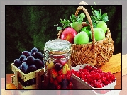 Owoce, Słój, Śliwki, Maliny, Jabłka, Koszyk
