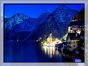 Austria, Alpy Salzburskie, Miasteczko Hallstatt, Jezioro Hallstättersee, Góry, Światła, Noc, Zima