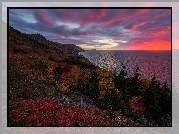 Kanada, Nowa Szkocja, Park Narodowy Cape Breton Highlands, Jesień, Wzgórza, Drzewa, Zachód słońca