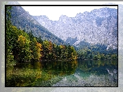 Austria, Gmina Ebensee, Jesień, Góry, Jezioro Hinterer Langbathsee, Drzewa, Odbicie