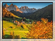 Włochy, Dolomity, Dolina Val di Funes, Wieś Santa Maddalena, Jesień, Góry, Masyw Odle, Kościół, Lasy, Drzewa