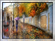 Ulica, Budynek, Mur, Kobieta, Parasolka, Deszcz