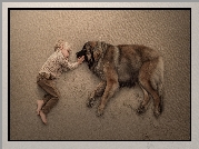 Chłopiec, Pies, Leonberger, Plaża