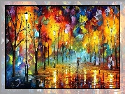 Reprodukcja obrazu, Leonid Afremov, Deszcz, Drzewa, Aleja, Postać, Parasol, Jesień