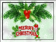 Boże Narodzenie, Napis, Merry Christmas, Gałązki, Prezent, 2D