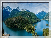 Stany Zjednoczone, Stan Waszyngton, Park Narodowy Północnych Gór Kaskadowych, Jezioro Diablo Lake, Góry, Lasy, Panorama