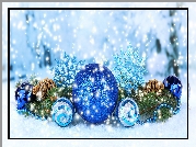 Świąteczna, Kompozycja, Boże Narodzenie, Niebieskie, Bombki, Szyszki, Śnieg