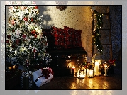 Boże Narodzenie, Pokój, Choinka, Lampiony, Prezenty, Świece, Kufer