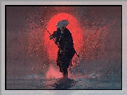 Paintography, Digital art, Samuraj, Kij bo, Zachód słońca