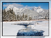 Stany Zjednoczone, Stan Wyoming, Narodowy Park Yellowstone, Rzeka Soda Butte Creek, Zima, Góry, Drzewa