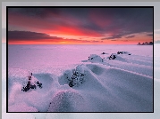 Finlandia, Północna Karelia, Joensuu, Jezioro, Zachód słońca, Zima, Śnieg, Skały
