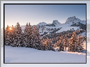 Szwajcaria, Kanton Berno, Góry Alpy Berneńskie, Szczyt Gantrisch, Wschód Słońca, Góry, Zima, Las, Drzewa
