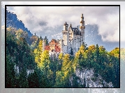 Niemcy, Bawaria, Gmina Schwangau, Region Allgäu,  Zamek Neuschwanstein, Góry Alpy, Drzewa, Mgła