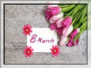 Tulipany, Kartka, Napis, 8 March, Deski, Dzień Kobiet