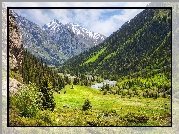 Kazachstan, Góry Ałatau Dżungarski, Wąwóz, Rzeka, Las, Chmury