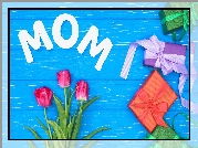 Dzień Matki, Tulipany, Prezenty, Napis, Mom, Mama