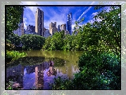 Stany Zjednoczone, Nowy Jork, Dzielnica Manhattan, Park miejski Central Park, Staw, Drapacze chmur, Drzewa