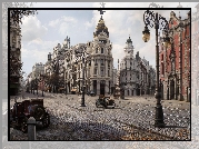 Hiszpania, Madryt, Biurowiec Metropolis, Ulica Gran Via, Rok 1900, Kamienice, Zabytkowe, Samochody, Latarnie, Matte painting
