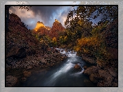 Stany Zjednoczone, Stan Utah, Park Narodowy Zion, Góry, Skały, Rzeka Virgin River