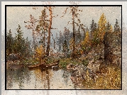 Jezioro, Łódki, Drzewa, Las, Kamienie, Malarstwo, Hjalmar Munsterhjelm