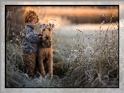 Pies, Airedale terrier, Chłopiec, Trzciny, Trawy