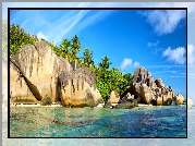 Seszele, Wyspa La Digue, Plaża Anse Source d Argent, Morze, Skały, Głazy, Palmy, Roślinność