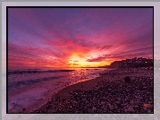 Morze, Plaża, El Capitan State Beach, Kamienie, Molo, Zachód słońca, Santa Barbara, Stan Kalifornia, Stany Zjednoczone