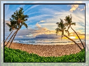 Hawaje, Wyspa Maui, Plaża Kaanapali Beach, Palmy, Roślinność, Wschód słońca, Chmury, Żaglówki