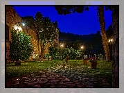 Dom, Donice, Kwiaty, Drzewa, Trawa, Latarnie, Światła, Zmrok