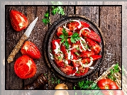 Pomidory, Miska, Sałatka, Cebula, Pietruszka, Nóż