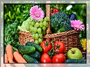 Koszyk, Warzywa, Owoce, Winogrona, Pomidory, Jabłko, Marchew, Ogórki, Brokuły, Różowe, Gerbery
