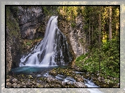 Wodospad Gollinger Waterfall, Rzeka, Kamienie, Skały, Las, Drzewa, Roślinność, Salzburg, Miejscowość Golling, Austria