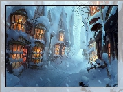 Zima, Śnieg, Domy, Digital Art
