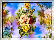 Kwiaty, Róże, Bukiet, Kolorowe, Tło, Grafika