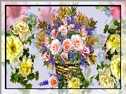 Kwiaty, Róże, Kosz, Grafika