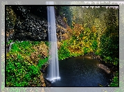 Wodospad South Falls, Las, Drzewa, Skały, Jezioro, Roślinność, Park stanowy Silver Falls, Stan Oregon, Stany Zjednoczone