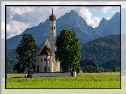 Kościół, Eglise Saint Coloman, Góry Alpy, Las, Drzewa, Miejscowość Schwangau, Bawaria, Niemcy