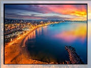 Hiszpania, Barcelona, Wybrzeże, Plaża, Morze Środziemne, Miasto, Światła, Zachód słońca
