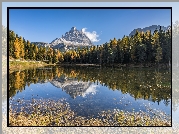 Masyw Tre Cime di Lavaredo, Góry, Dolomity, Jezioro Antorno Lake, Lasy, Drzewa, Prowincja Belluno, Włochy