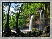 Wodospad Haew Suwat, Park Narodowy Khau Yai, Omszałe, Kamienie, Drzewa, Tajlandia