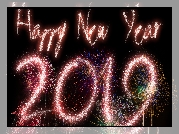 Nowy Rok, 2019, Napis, Happy New Year, Fajerwerki