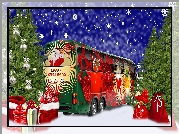 Świąteczny, Autobus, Drzewa, Choinka, Prezenty, Grafika