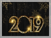 Nowy Rok, 2019, Złote, Cyfry, Śnieżynki, Deski