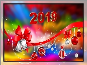 Nowy Rok, 2019, Dzwonki, Bombki, Szarfa, Grafika