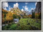 Góry, Alpy Julijskie, Domy, Drzewa, Dolina Trenta, Słowenia