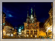 Rynek, Oświetlony, Ratusz, Domy, Noc, Wernigerode, Saksonia-Anhalt, Niemcy