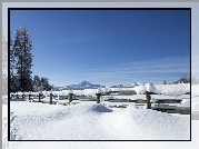 Zima, Śnieg, Ogrodzenie, Płot, Góry Białe, Góra Waszyngtona, Drzewa,  Black Butte Ranch, Stan Oregon, Stany Zjednoczone