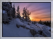 Zima, Skały, Śnieg, Drzewa, Zachód słońca, Park Narodowy Ziuratkul, Obwód czelabiński, Rosja
