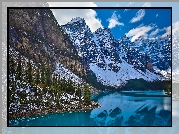 Kanada, Alberta, Park Narodowy Banff, Jezioro Moraine, Dolina Dziesięciu Szczytów, Drzewa, Góry, Chmury