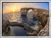 Morze, Wschód słońca, Skały, Most skalny, Lazurowe Okno, Azure Window, Malta, Efekt graficzny, Rybie oko